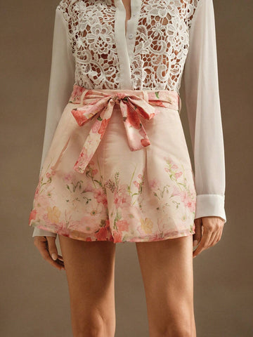 Anewsta 3pcs Floral Organza Fabric Mini A-Line Shorts For Holiday