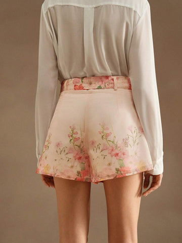 Anewsta 3pcs Floral Organza Fabric Mini A-Line Shorts For Holiday