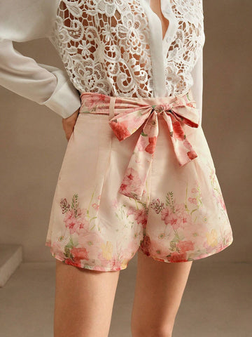 Anewsta 3pcs Floral Organza Fabric Mini A-Line Shorts For Holiday