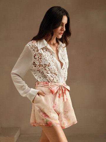 Anewsta 3pcs Floral Organza Fabric Mini A-Line Shorts For Holiday