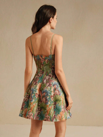 Anewsta A-Line Swing Hemline Artistic Jacquard Embroidered Slip Dress