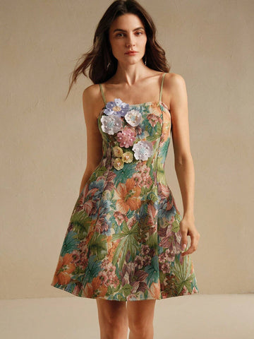 Anewsta A-Line Swing Hemline Artistic Jacquard Embroidered Slip Dress