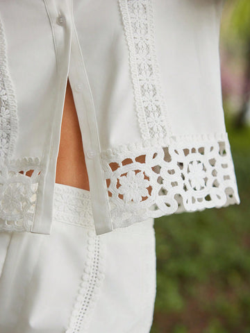 Anewsta Anewsta Hollow Out Lace Plaid Trim Loose Fit Top And Shorts Set, Vacation Style