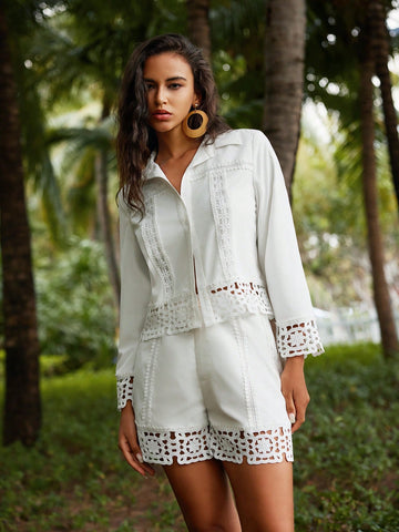 Anewsta Anewsta Hollow Out Lace Plaid Trim Loose Fit Top And Shorts Set, Vacation Style