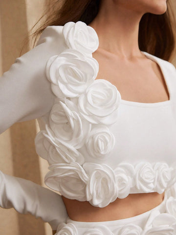 Anewsta Asymmetrical 3D Floral Decor White Long Sleeve Top And High Waist Long Skirt 2pc Set