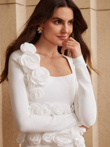 Anewsta Asymmetrical 3D Floral Decor White Long Sleeve Top And High Waist Long Skirt 2pc Set