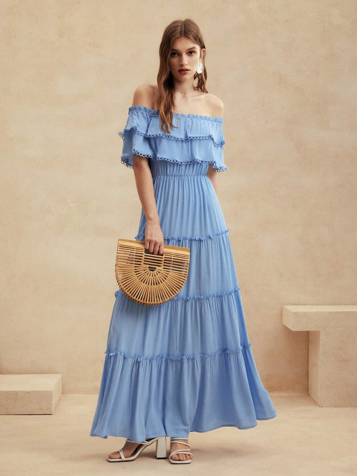 Anewsta Beach Vacation Sexy Women's Blue Woven Dress With Cinched Waist