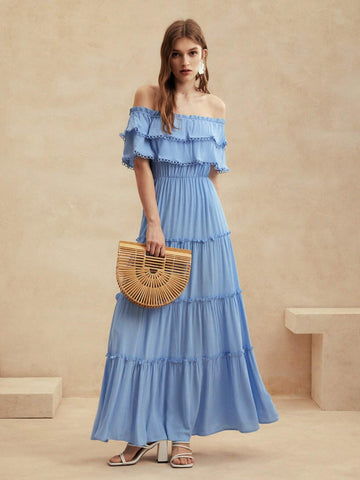 Anewsta Beach Vacation Sexy Women's Blue Woven Dress With Cinched Waist