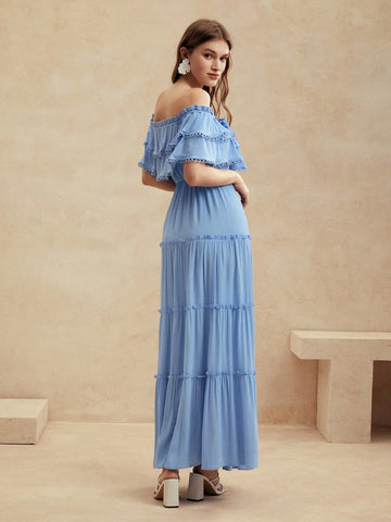 Anewsta Beach Vacation Sexy Women's Blue Woven Dress With Cinched Waist