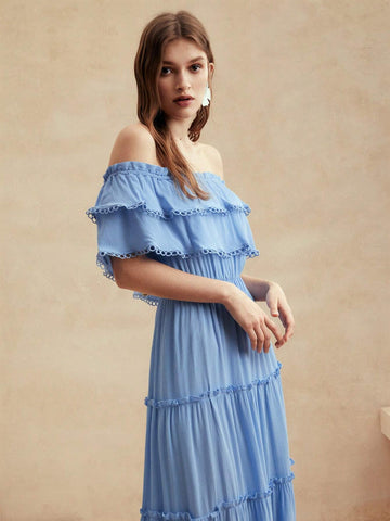 Anewsta Beach Vacation Sexy Women's Blue Woven Dress With Cinched Waist