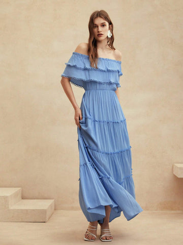 Anewsta Beach Vacation Sexy Women's Blue Woven Dress With Cinched Waist