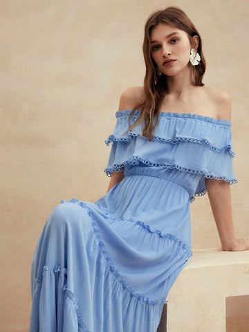 Anewsta Beach Vacation Sexy Women's Blue Woven Dress With Cinched Waist