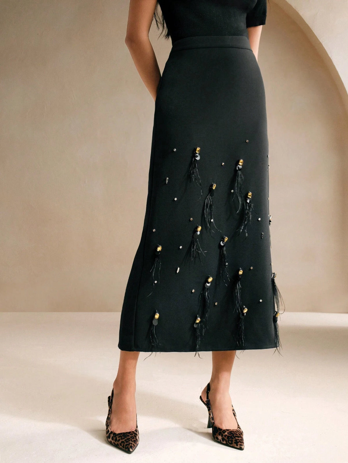 Anewsta Beaded & Rhinestone Decor Feather A-Line Skirt, Versatile Commuter Wear