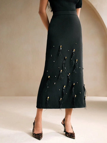 Anewsta Beaded & Rhinestone Decor Feather A-Line Skirt, Versatile Commuter Wear