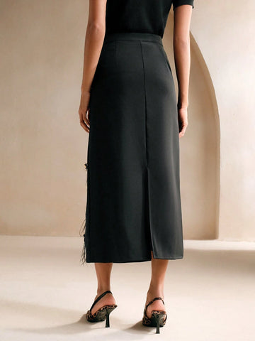 Anewsta Beaded & Rhinestone Decor Feather A-Line Skirt, Versatile Commuter Wear