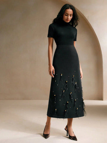 Anewsta Beaded & Rhinestone Decor Feather A-Line Skirt, Versatile Commuter Wear