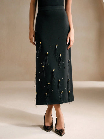 Anewsta Beaded & Rhinestone Decor Feather A-Line Skirt, Versatile Commuter Wear
