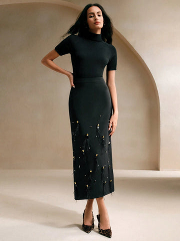 Anewsta Beaded & Rhinestone Decor Feather A-Line Skirt, Versatile Commuter Wear