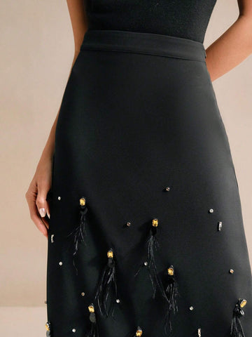 Anewsta Beaded & Rhinestone Decor Feather A-Line Skirt, Versatile Commuter Wear