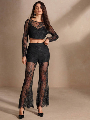 Anewsta Black Lace Splice Elegant And Sexy 2pcs/Set Women's Outfit