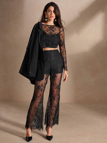 Anewsta Black Lace Splice Elegant And Sexy 2pcs/Set Women's Outfit