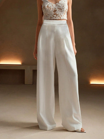 Anewsta Black Satin Daily Commuting Casual Women's Wide-Leg Floor-Length Trousers