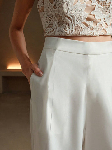 Anewsta Black Satin Daily Commuting Casual Women's Wide-Leg Floor-Length Trousers