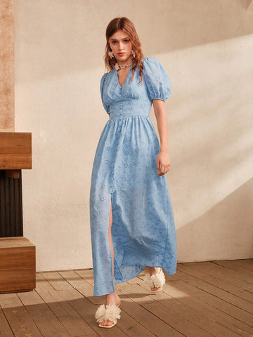Anewsta Blue Embroidered Slit V-Neck Puff Sleeve Elegant Floor-Length Dress