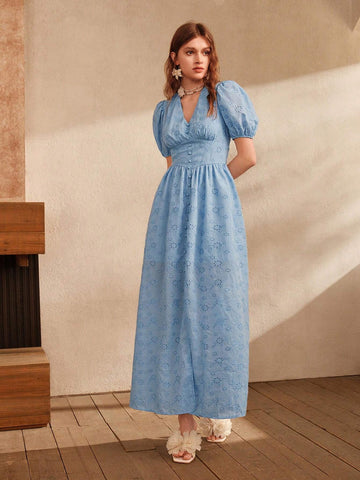 Anewsta Blue Embroidered Slit V-Neck Puff Sleeve Elegant Floor-Length Dress