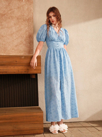 Anewsta Blue Embroidered Slit V-Neck Puff Sleeve Elegant Floor-Length Dress