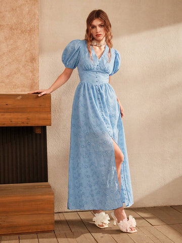 Anewsta Blue Embroidered Slit V-Neck Puff Sleeve Elegant Floor-Length Dress