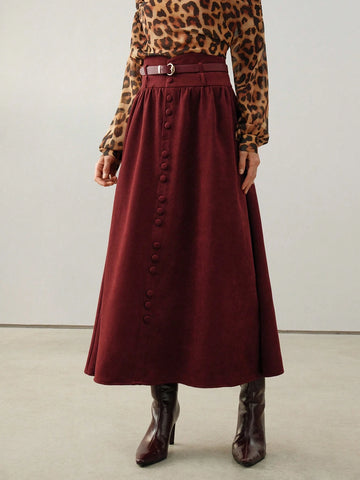 Anewsta Burgundy Elegant Vintage Christmas Suede A-Line High Waist Skirt For Women Maxi Women Outfit