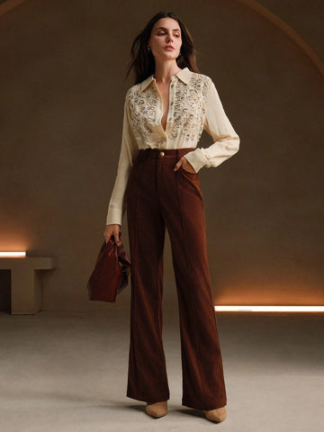 Anewsta Casual Apricot Floral Applique Collar Long Sleeve Sequin Splice Chiffon Blouse For Women