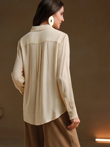 Anewsta Casual Apricot Floral Applique Collar Long Sleeve Sequin Splice Chiffon Blouse For Women