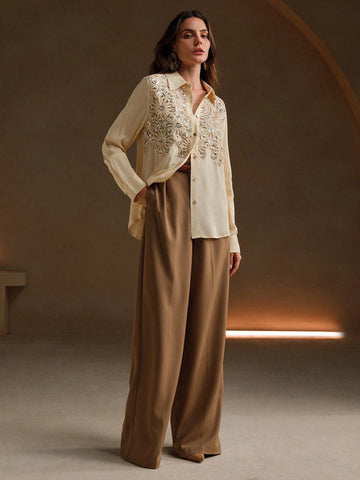 Anewsta Casual Apricot Floral Applique Collar Long Sleeve Sequin Splice Chiffon Blouse For Women