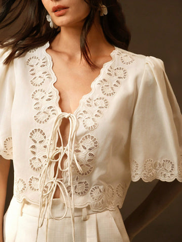 Anewsta Casual, Festival, Beach Bow-Tie, Embroidery, Hollow-Out V-Neck Blouse