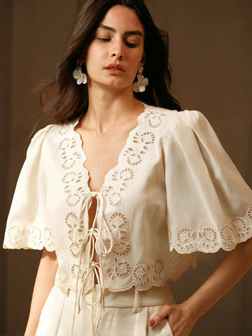Anewsta Casual, Festival, Beach Bow-Tie, Embroidery, Hollow-Out V-Neck Blouse