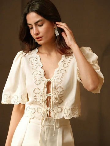 Anewsta Casual, Festival, Beach Bow-Tie, Embroidery, Hollow-Out V-Neck Blouse