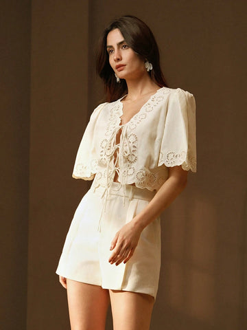 Anewsta Casual, Festival, Beach Bow-Tie, Embroidery, Hollow-Out V-Neck Blouse