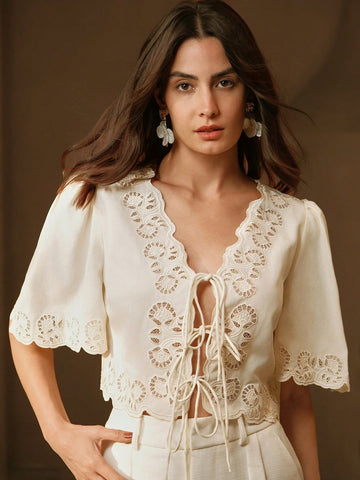 Anewsta Casual, Festival, Beach Bow-Tie, Embroidery, Hollow-Out V-Neck Blouse