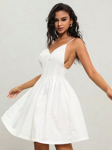 Anewsta Casual Vacation Style Backless Halter Dress With Waist Tie For Summer