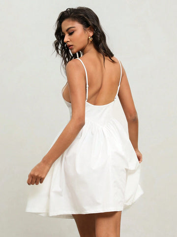 Anewsta Casual Vacation Style Backless Halter Dress With Waist Tie For Summer