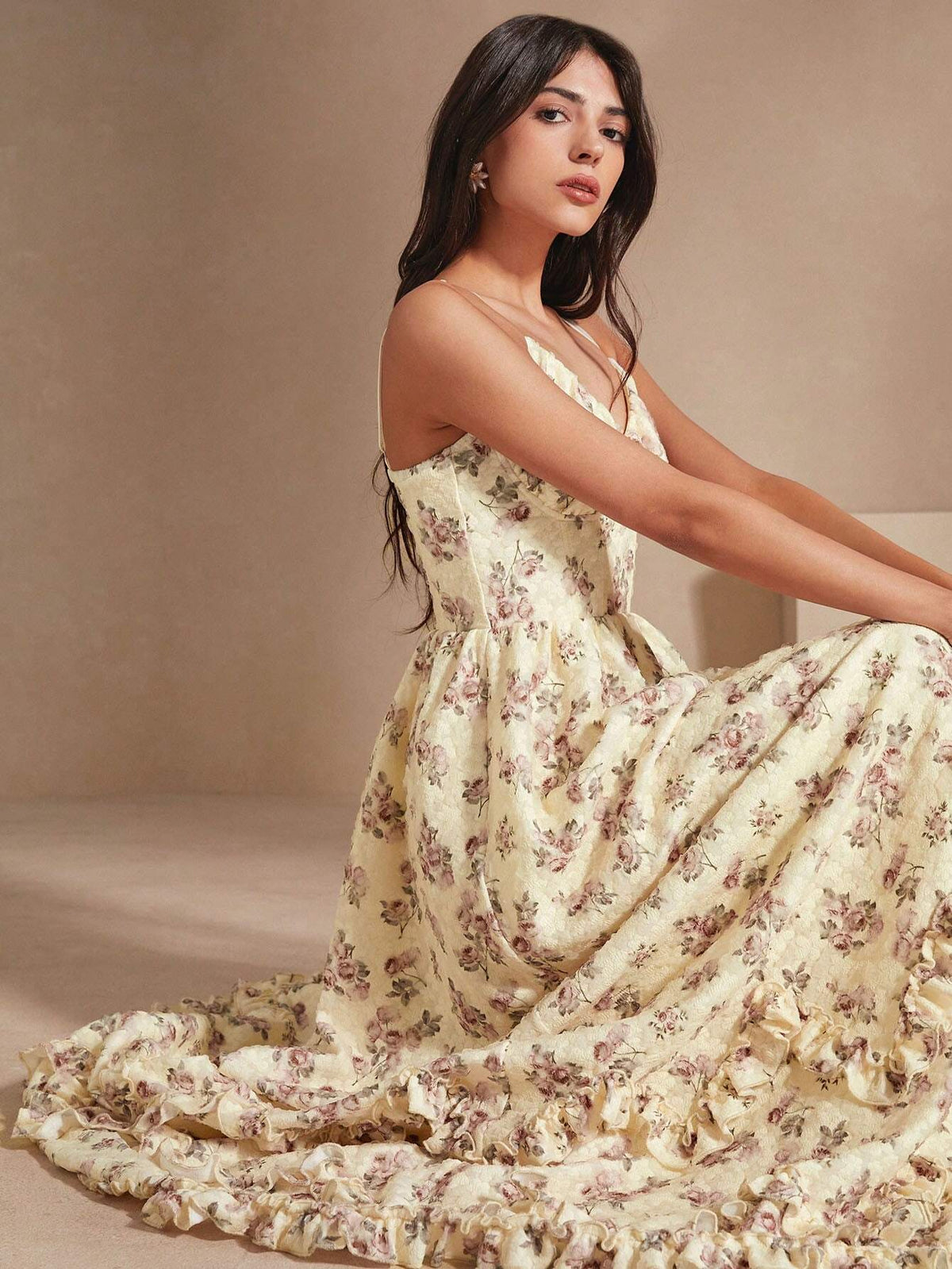 Anewsta Chiffon Spaghetti Strap Dress With Knitted Rose Print, Ruched, Boning, High Slit, Tiered, Ruffle Hem, Elegant Style For Women