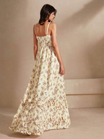 Anewsta Chiffon Spaghetti Strap Dress With Knitted Rose Print, Ruched, Boning, High Slit, Tiered, Ruffle Hem, Elegant Style For Women