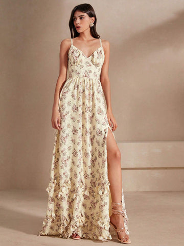 Anewsta Chiffon Spaghetti Strap Dress With Knitted Rose Print, Ruched, Boning, High Slit, Tiered, Ruffle Hem, Elegant Style For Women