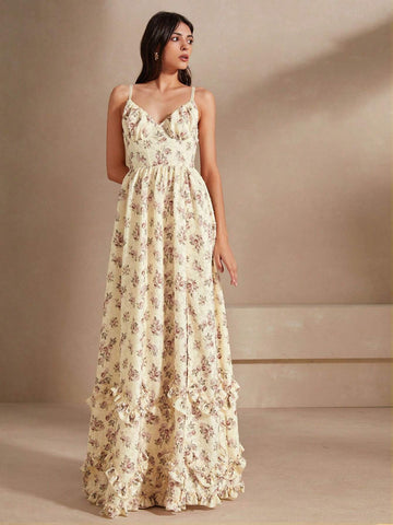 Anewsta Chiffon Spaghetti Strap Dress With Knitted Rose Print, Ruched, Boning, High Slit, Tiered, Ruffle Hem, Elegant Style For Women