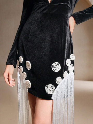 Women's Sleeveless Patchwork Fluffy Hem Square Neck Embellished Pearl Dress