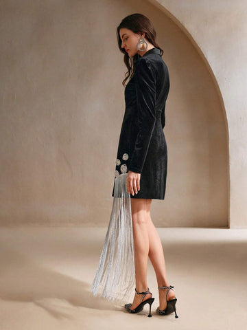 Women's Sleeveless Patchwork Fluffy Hem Square Neck Embellished Pearl Dress