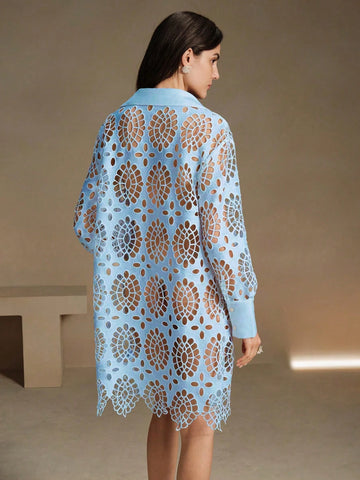 Anewsta Collared Long Sleeve Casual Vacation Shirt Dress