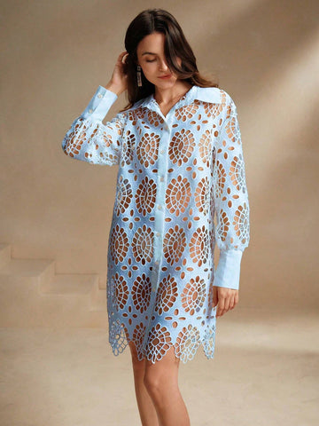 Anewsta Collared Long Sleeve Casual Vacation Shirt Dress